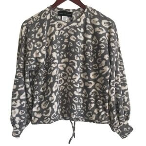 Know One Cares Women Cropped Fleece Pullover S Gray Leopard Print Y2K Drawstring